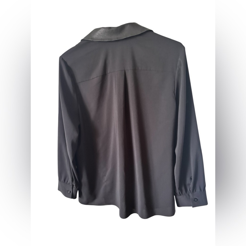 Alice + Olivia Black Long Sleeve Button Down Blouse Leather Collar sz M - Picture 3 of 13